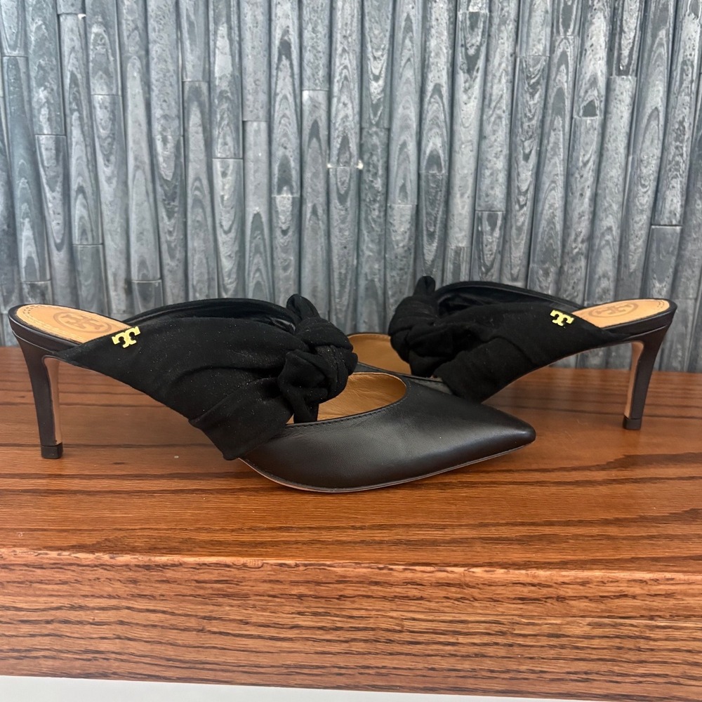 Tory Burch Black Leather Suede Knotted Bow Pointed Toe Mules Heels 7M